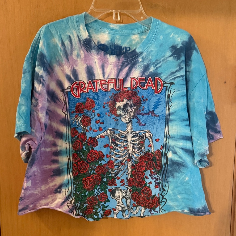 Liquid Blue Women’s Grateful Dead Roses Cropped Tie Dye Tee Shirt Blue Large